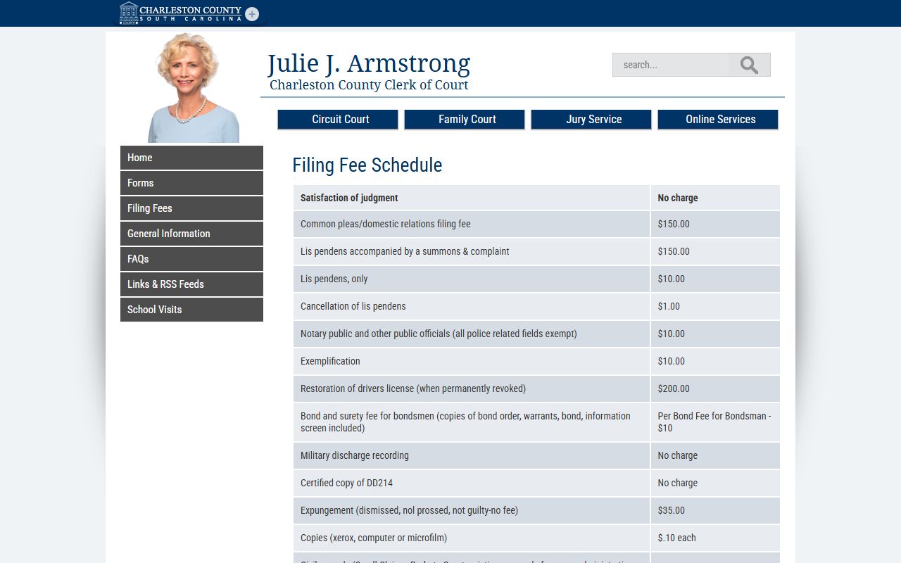 Charleston County court dockets filing fee schedule page