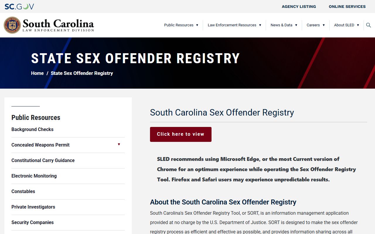Charleston County court dockets SLED sex offender registry page