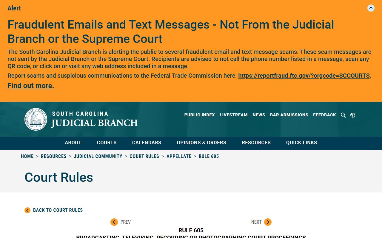 Charleston County court dockets Rule 605 cameras and recording policy page