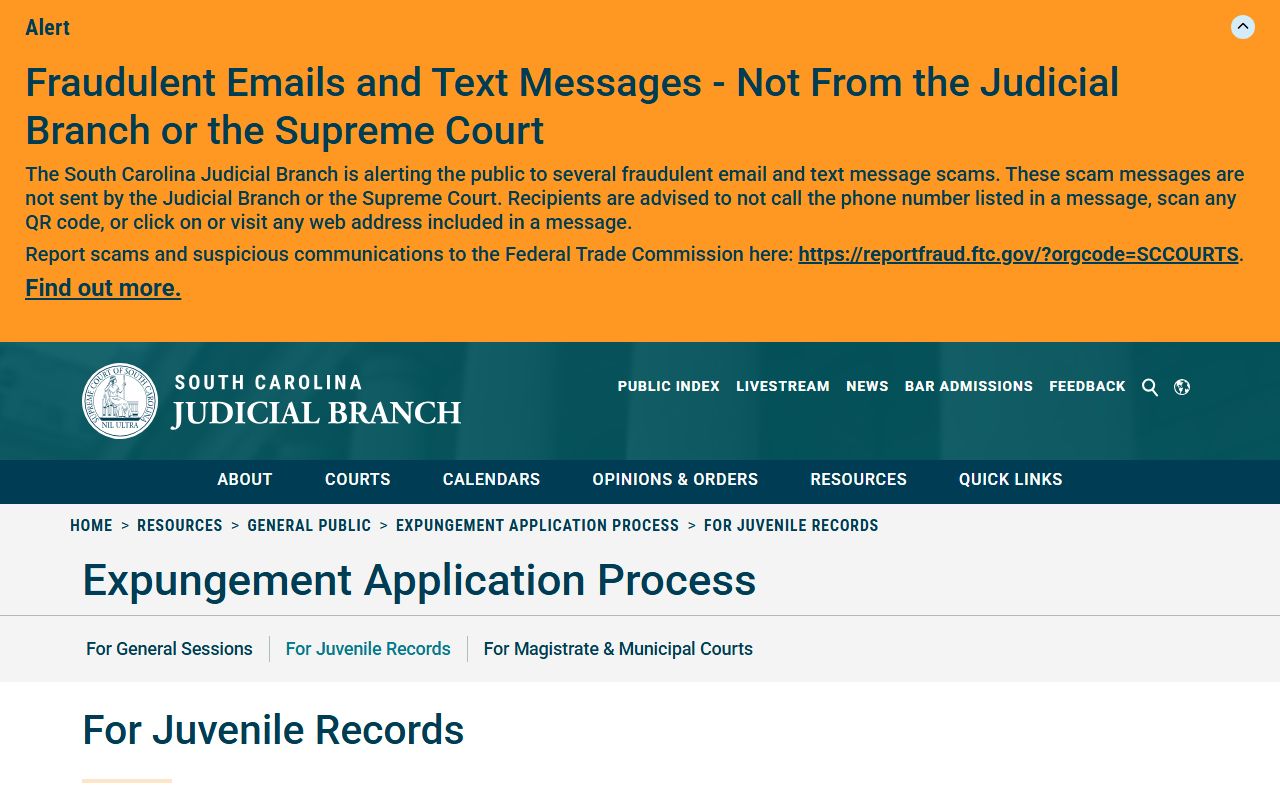 Charleston County court records juvenile expungement process page
