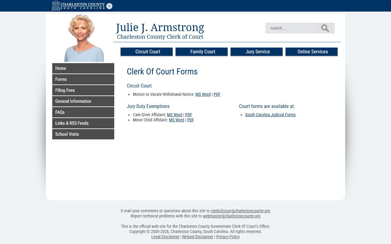 Charleston County Circuit Court Clerk of Court forms page
