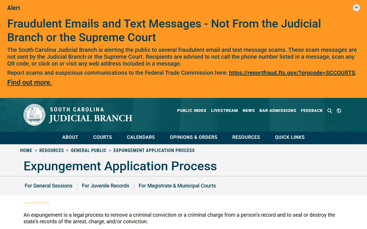 Charleston County Court records expungement application process page