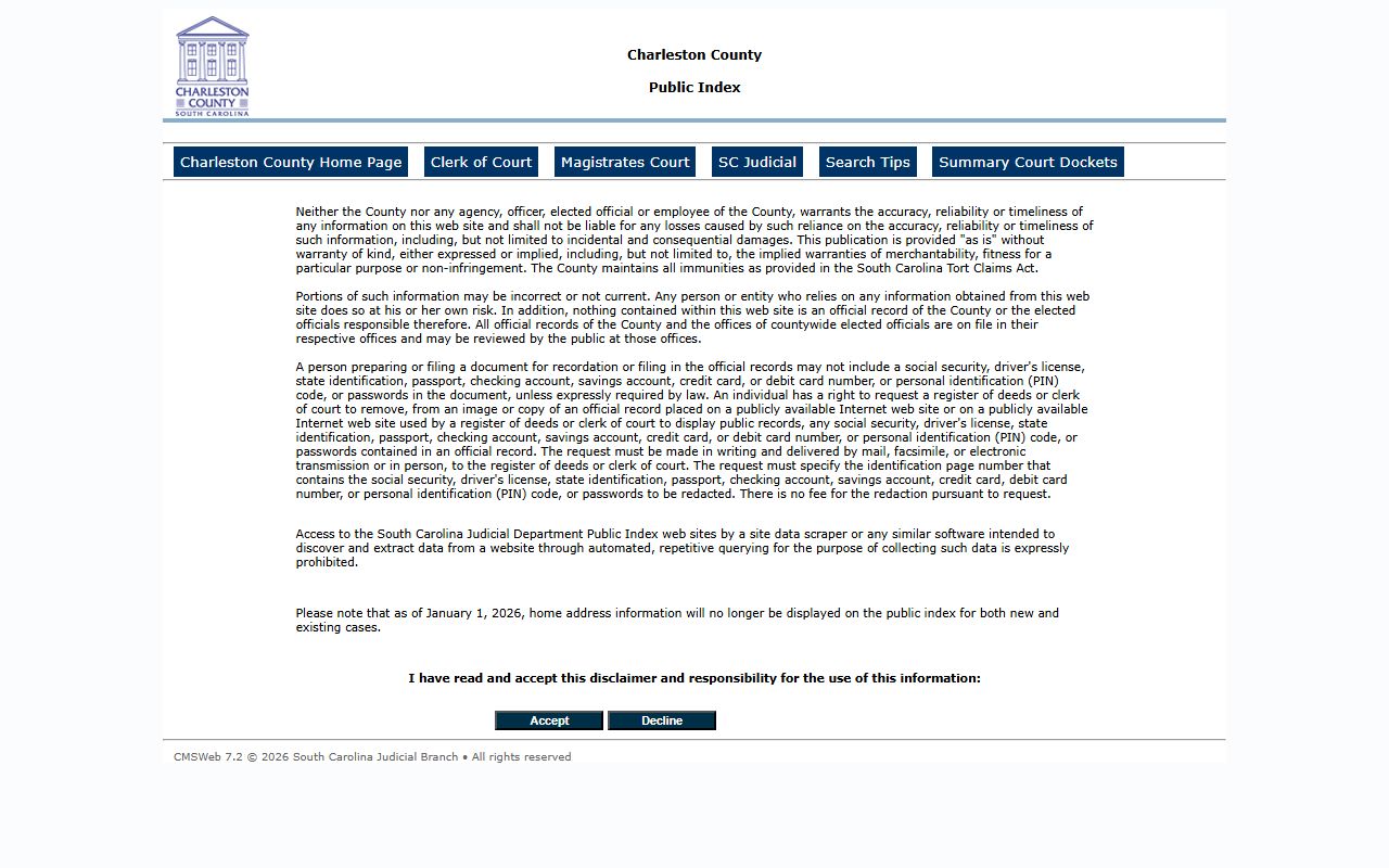 Charleston County inmate records Public Index court search portal