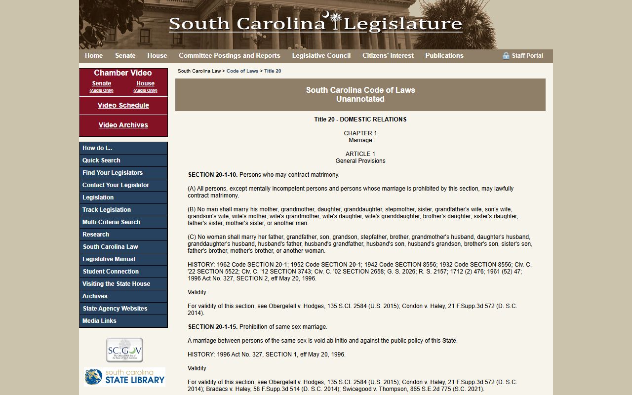 Charleston County marriage and divorce records SC Code Title 20 marriage statutes