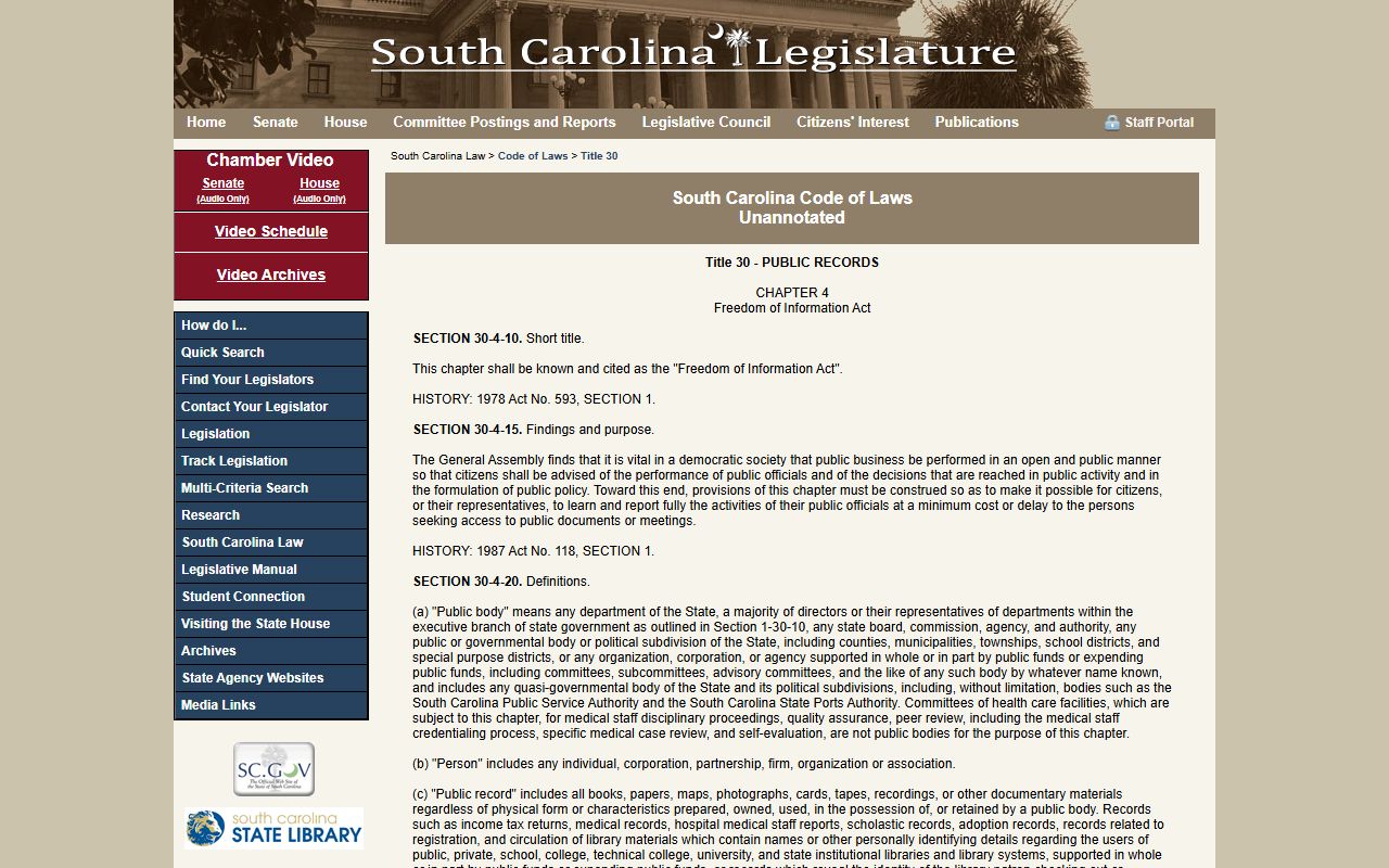 Charleston County probate records - South Carolina FOIA statute page