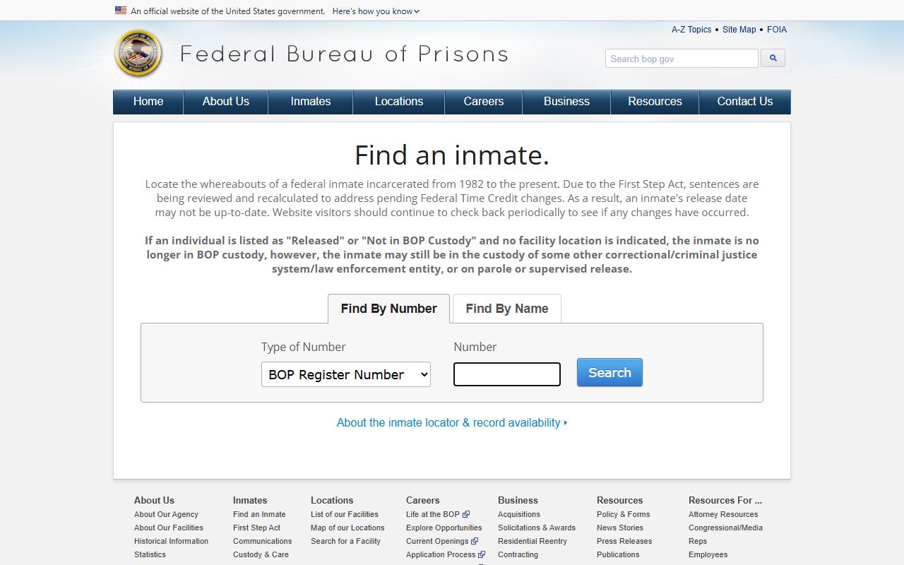 Charleston County released inmates - Federal Bureau of Prisons inmate locator search form