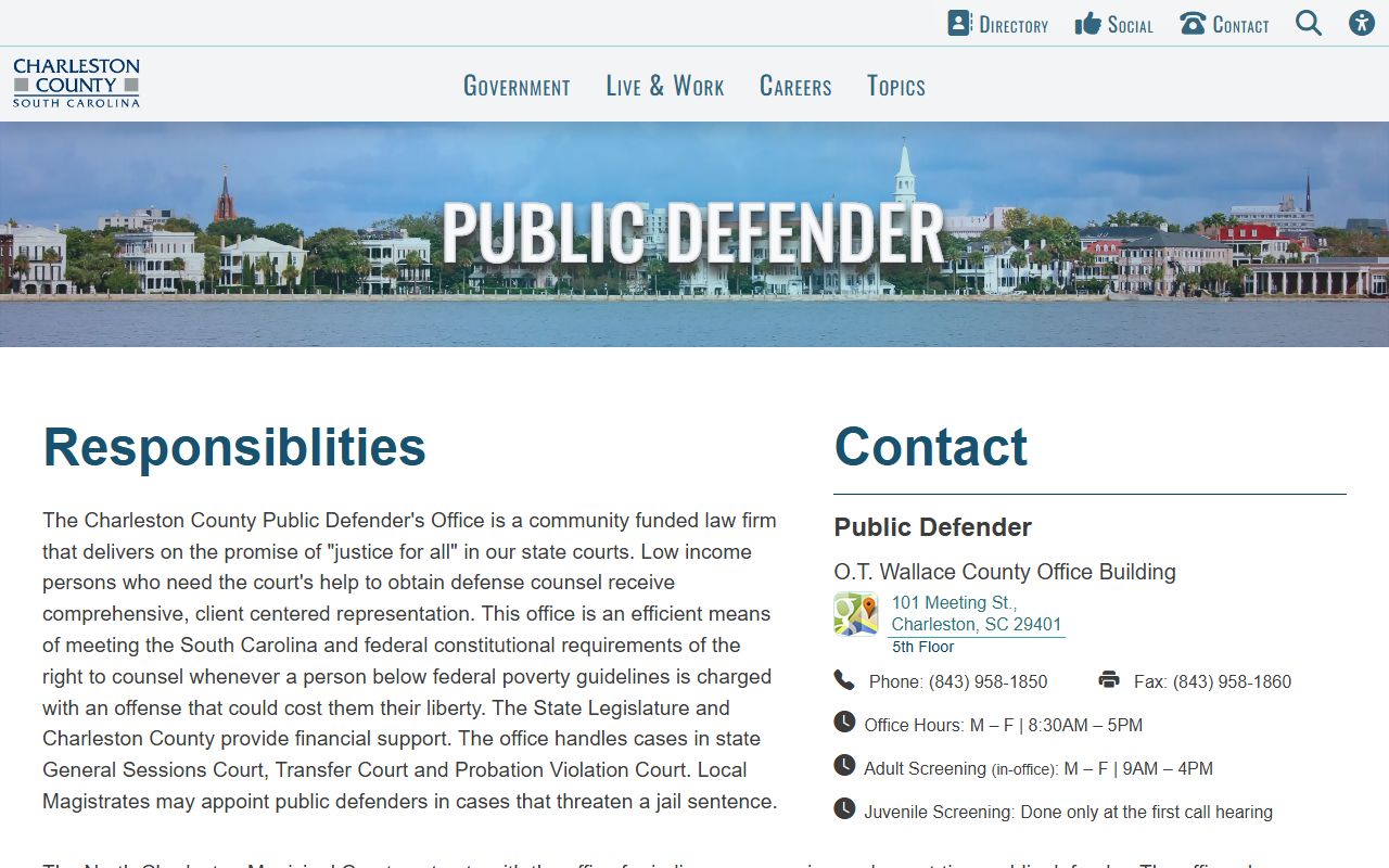 Charleston County released inmates - Public Defender office homepage for post-release legal help