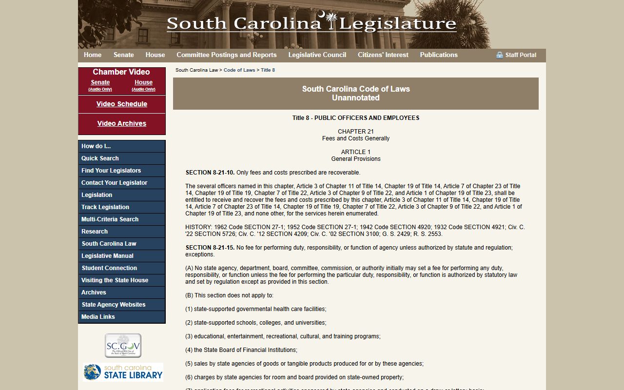 Charleston County traffic court records fee statute page at scstatehouse.gov